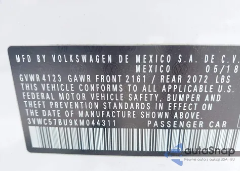 2019 Volkswagen Jetta 1.4T R-Line/1.4T S/1.4T Se z USA, uszkodzony, nr VIN 3VWC57BU9KM044311